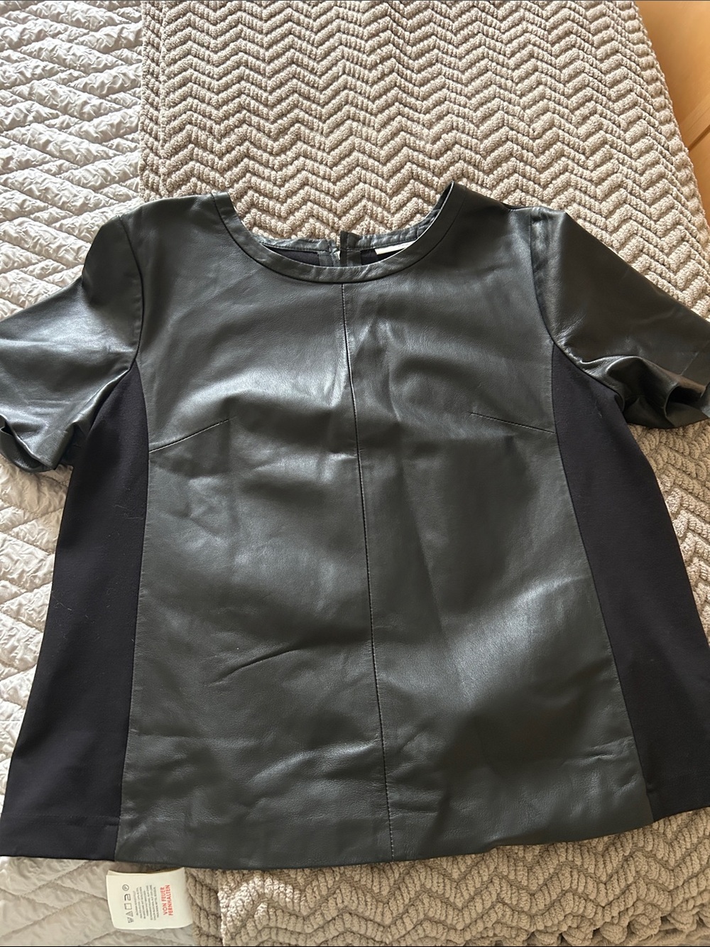 Halogen Black Faux Leather & Knit Panel Short Sleeve Top